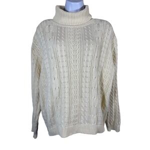 Wainscott Cable Knit Turtleneck Sweater Women's M Cream 100% Cotton Fisherman‎
